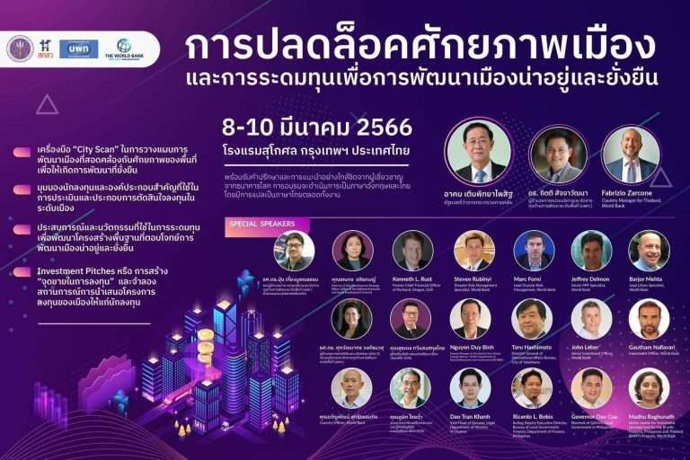 ขอเชิญร่วมการประชุมเชิงปฏิบัติการ เรื่อง “การปลดล็อคศักยภาพเมืองและการระดมทุนเพื่อการพัฒนาเมืองน่าอยู่และยั่งยืน” ระหว่างวันที่ 8 – 10 มีนาคม 2566 ณ ห้องประชุมกมลทิพย์ 1 โรงแรมสุโกศล กรุงเทพฯ ประเทศไทย